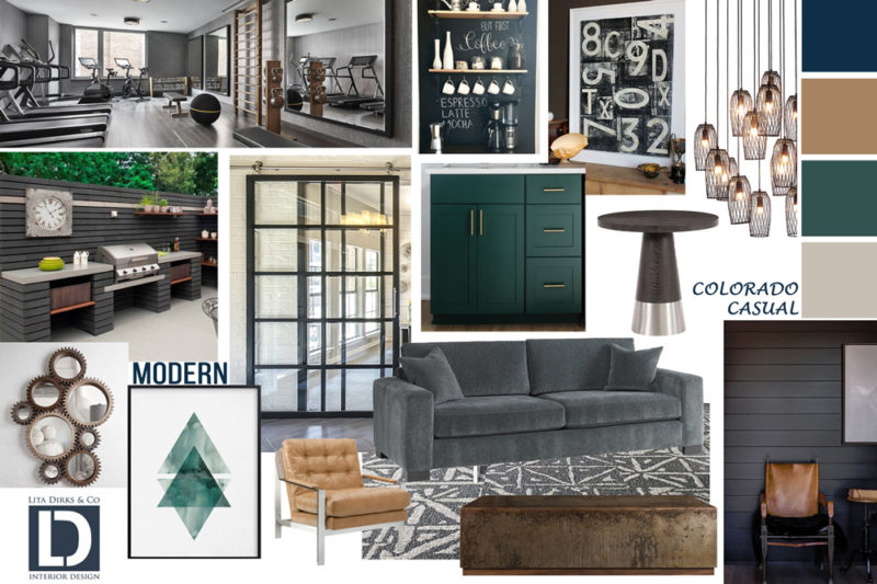 Concept board with many photos of ideas for clubhouse design with a dark green and tan style.