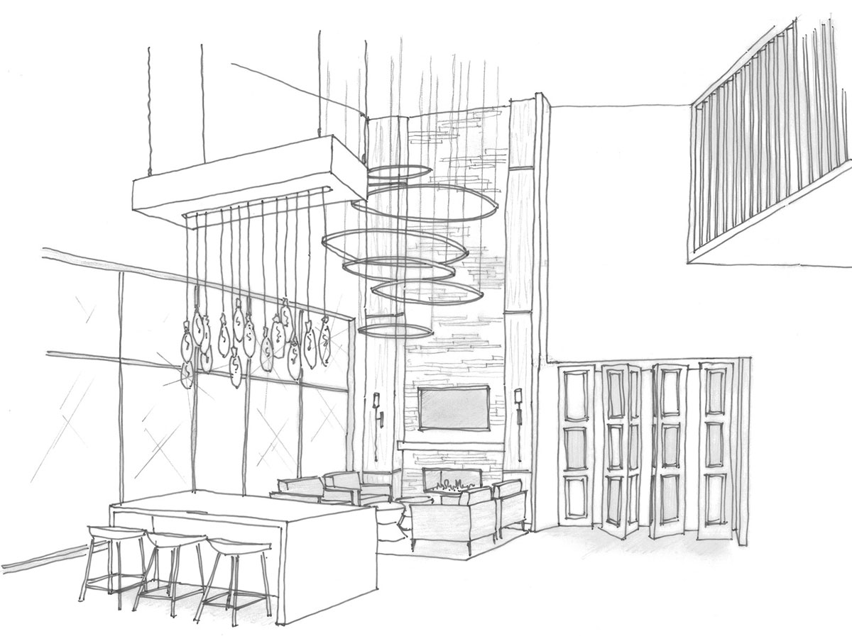 Black and white pencil sketch of a clubhouse sitting area with high ceilings and elaborate fireplace and light fixtures.