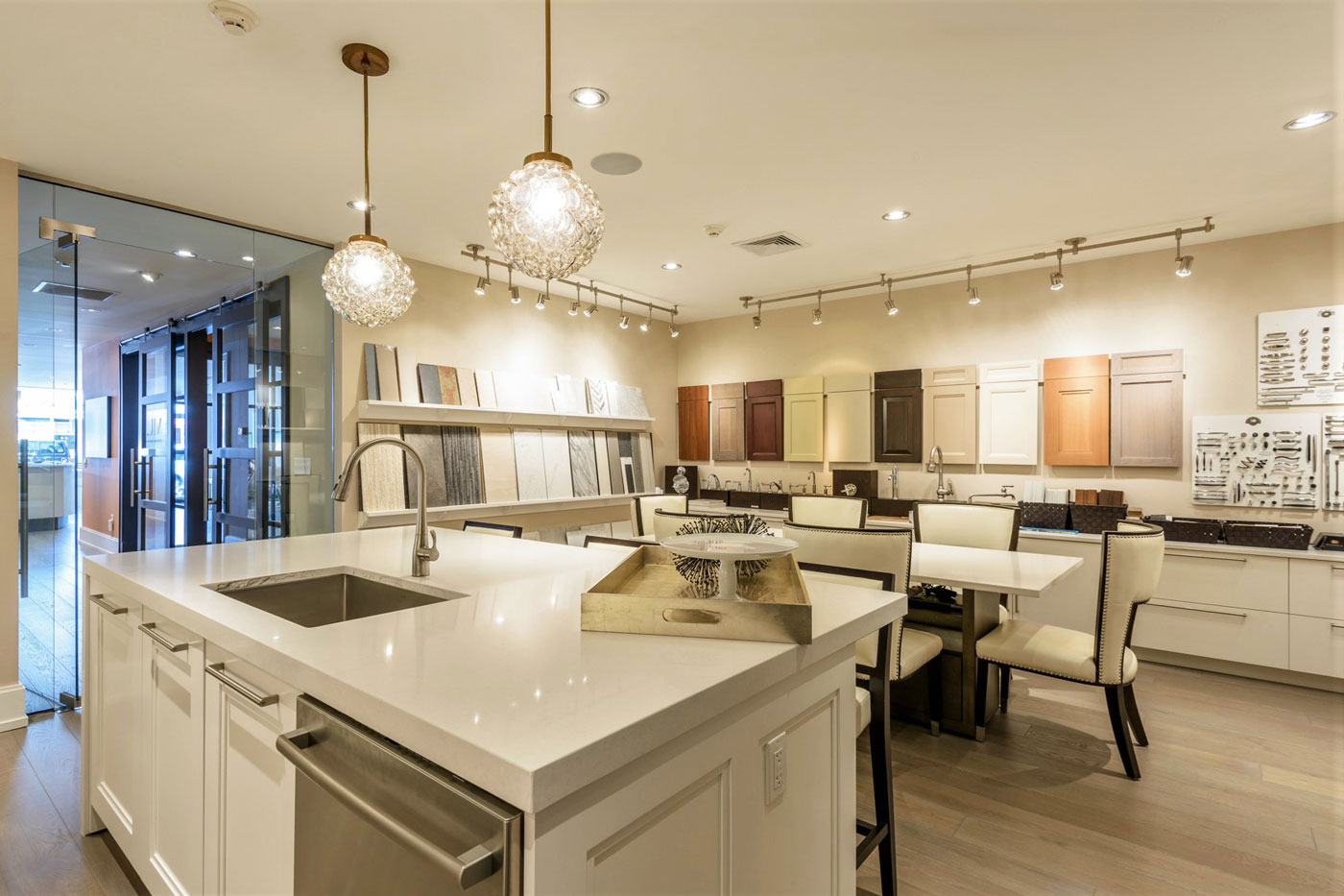 Design center showcasing modern interior design and merchandising cabinetry, countertop and finishes in New York.
