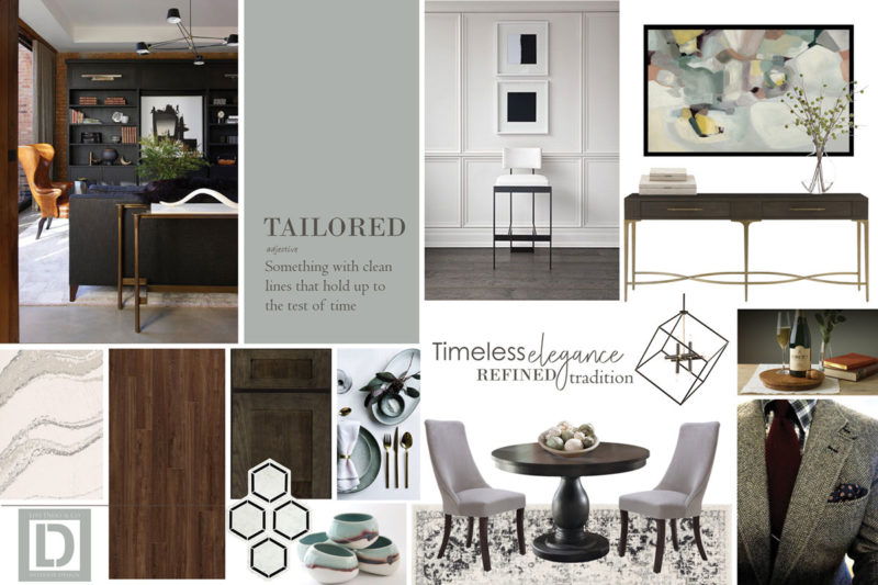 Concept board with many photos suggesting a tailored and timeless look with tons of grey and white.