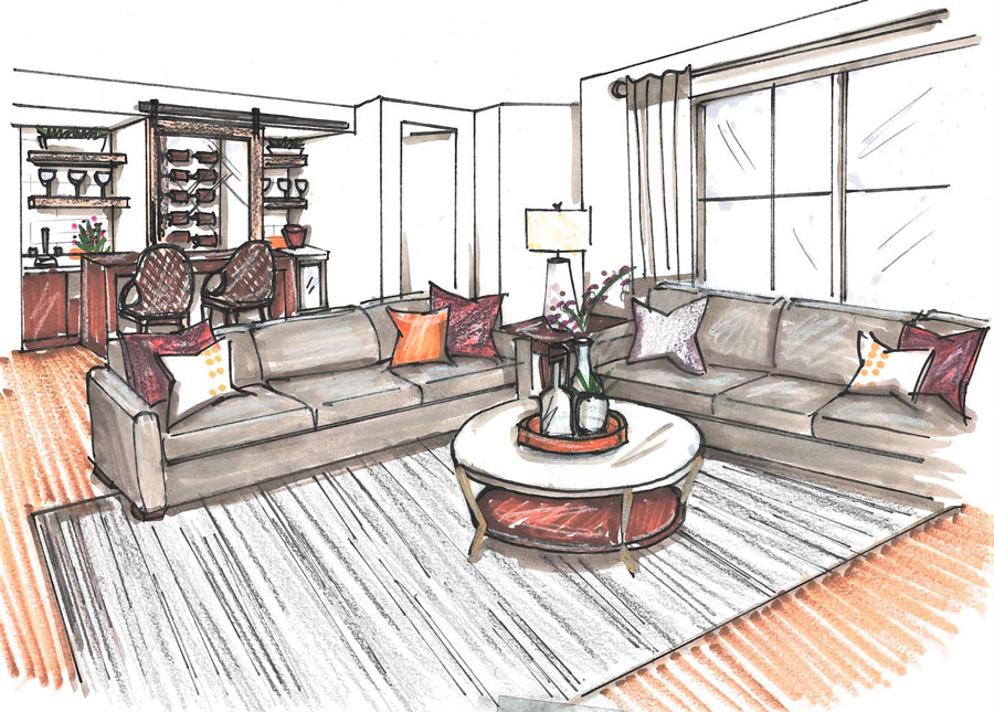 Color rendering of a living room with a built in bar with purple and orange accent throughout the space.