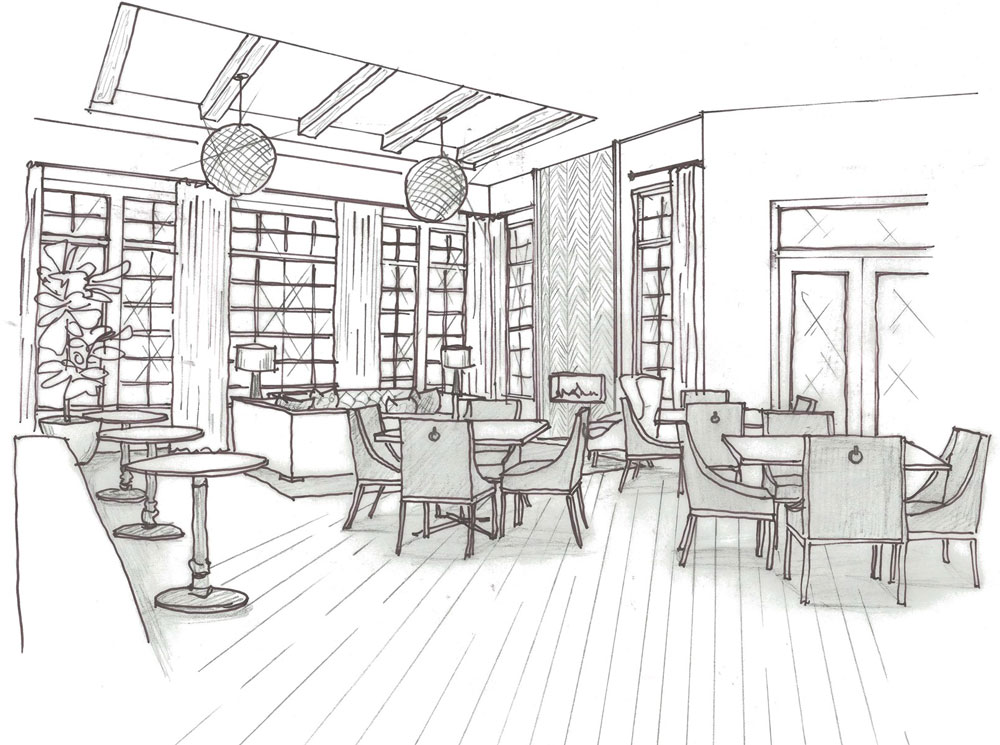 Black and white pencil sketch of a clubhouse with tall ceilings, many table and chairs with wood beam ceilings.
