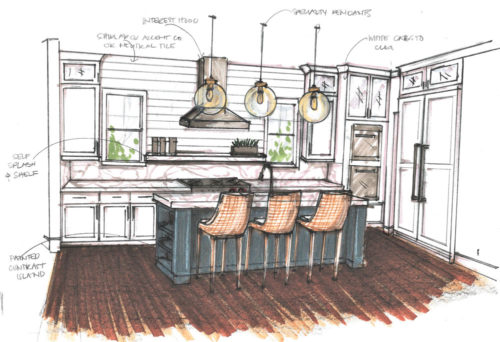 Color rendering of farmhouse style kitchen with white cabinets and blue accent island.