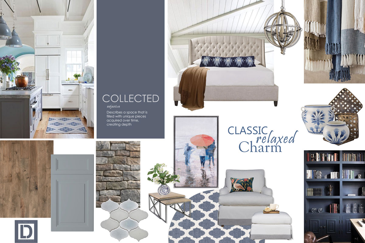 Collage concept board with light blue, cream, and white finishes for single family home.